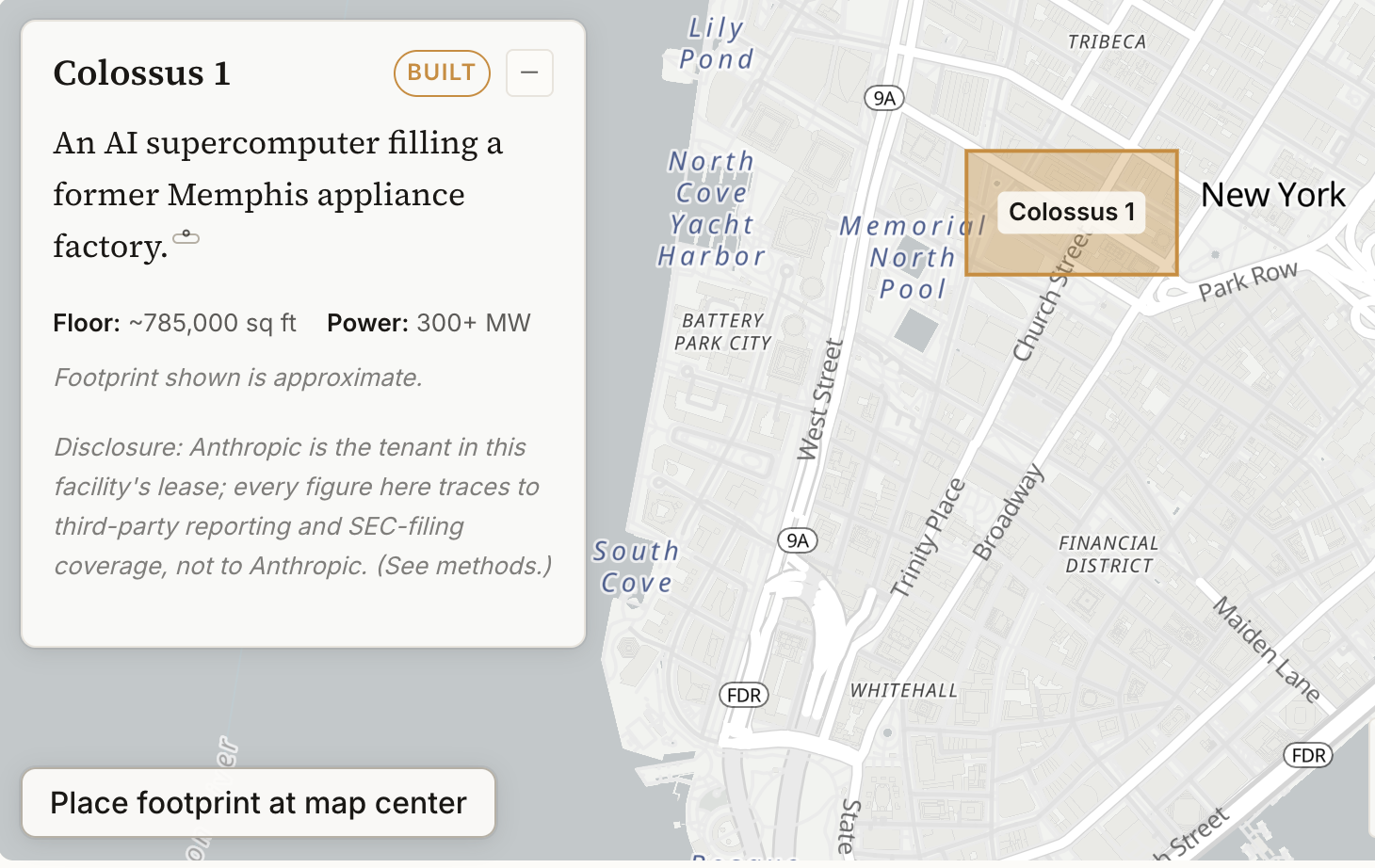 The interactive map showing Colossus 1's footprint, drawn at true scale, over Lower Manhattan's Financial District, beside its identity card.
